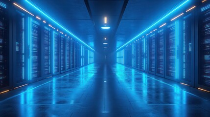 Futuristic Data Server Room with Glowing Blue Neon Lights for Big Data Machine Learning and AI Concepts