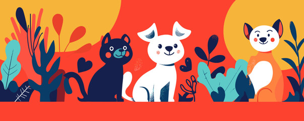 Fototapeta premium Playful cartoon animals in colorful nature scene with sun and plants - vector.