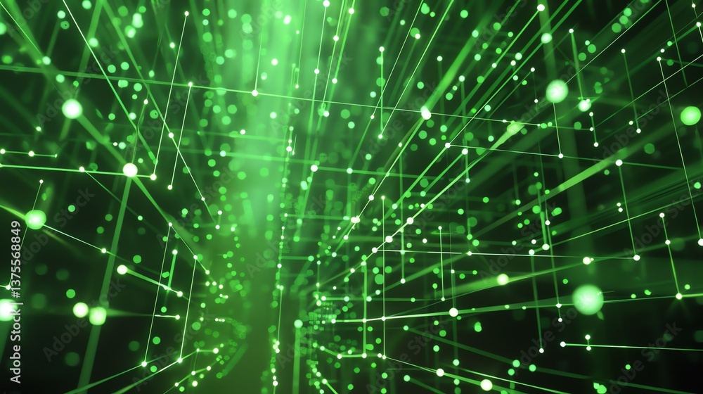 Poster glowing green particles form a dynamic grid-like structure in this abstract futuristic background.