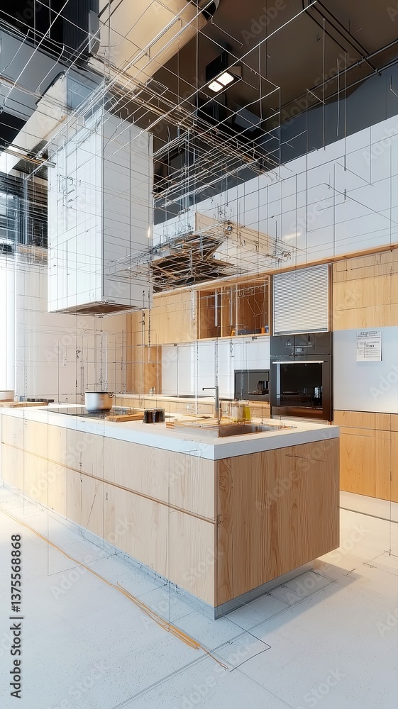 Poster mixed-reality kitchen design showcasing technical drafting lines blending into a completed interior,