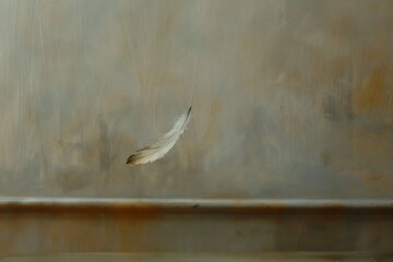 Minimalist image of a single feather floating in the air, soft light, ethereal atmosphere, artistic photography, Olympus M.Zuiko 45mm lens, f/1.8, ISO 200, studio setting, diffused