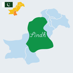 Editable vector illustration of Pakistan map with Sindh province highlighted and the national flag of Pakistan. The design is flat and clean, perfect for educational materials, infographics, political