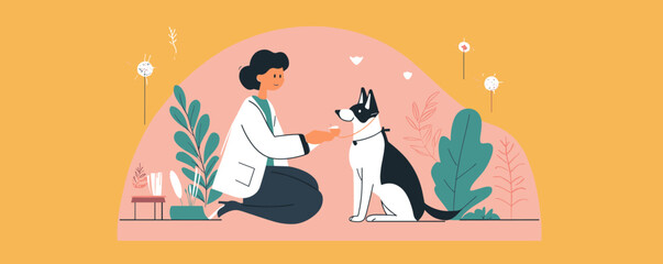 Veterinarian training a sitting dog with treats in a garden setting - vector.