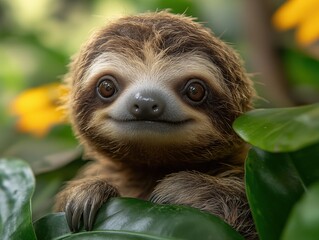 Fototapeta premium A charming sloth relaxing on a tree, captured in a stunning close-up. This adorable creature embodies tranquility and the slow pace of the rainforest.