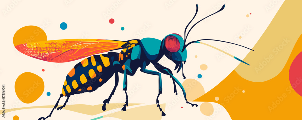 Poster colorful abstract wasp illustration with geometric shapes and bold patterns - vector.