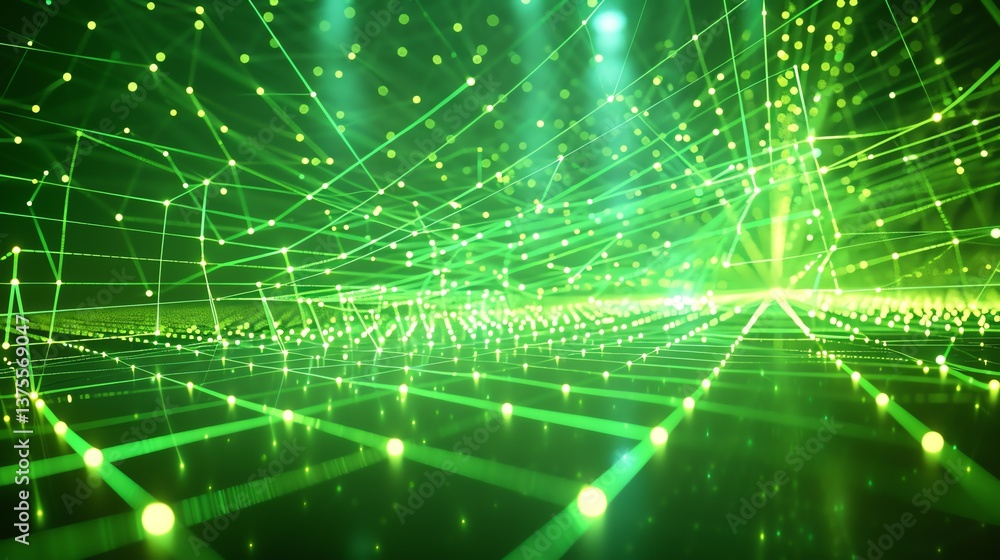 Poster abstract background of glowing green dots and lines of a grid. the concept of a virtual space with m