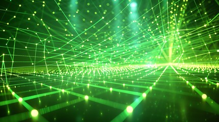 Abstract background of glowing green dots and lines of a grid. The concept of a virtual space with many connections. 3d rendering.