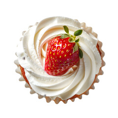 A top view of a cupcake with white frosting and a strawberry on top against a black background