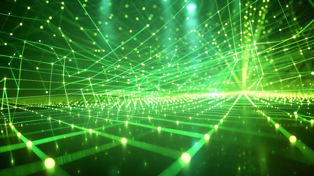 Abstract background of glowing green dots and lines of a grid. The concept of a virtual space with many connections. 3d rendering.