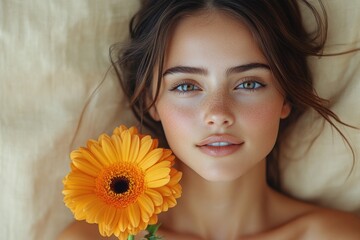 Portrait of Woman Holding Orange Gerbera Flower with Glowing Skin and Natural Makeup