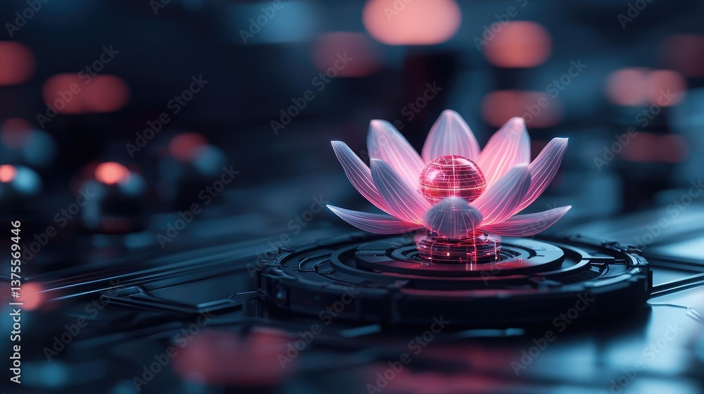 Aufkleber cyberpunk biotech with high-tech futuristic plants concept. a glowing lotus flower surrounded by a s