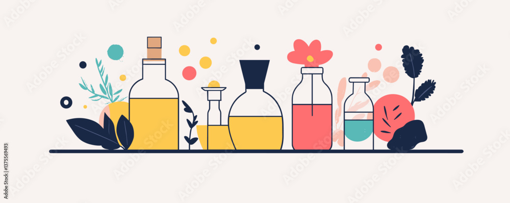 Poster assorted decorative bottles and plants in minimalist style - vector.