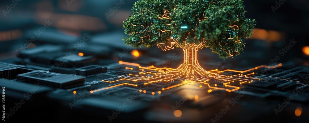 Poster Cyberpunk biotech with sci-fi high-tech plants concept. A digital tree growing from circuits, symbolizing tech and nature.