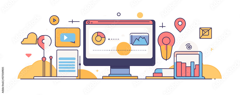 Poster digital workspace with graphs and multimedia elements on computer screen - vector.