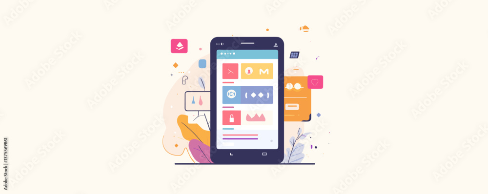 Poster smartphone app interface with colorful icons and elements - vector.