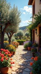 Obraz premium Peaceful mediterranean garden path with lush flowers and olive trees.