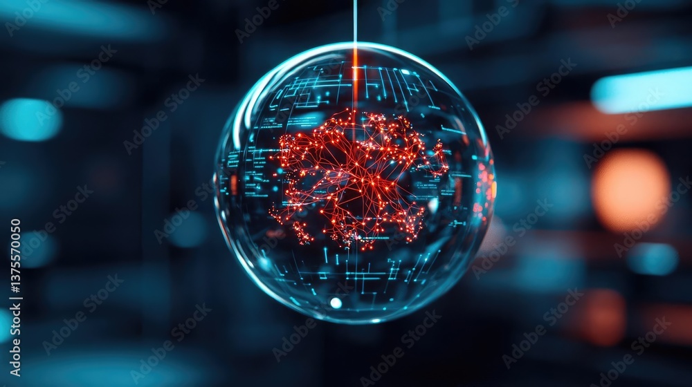 Poster cyberpunk biotech with sci-fi high-tech plants concept. futuristic glowing orb with digital patterns