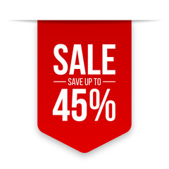 Sale save up to 45% off red discount sale label tag banners. Sale 45 percent off png transparent