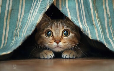 curious tabby cat hidden under striped green curtain peeking out in cozy indoor setting