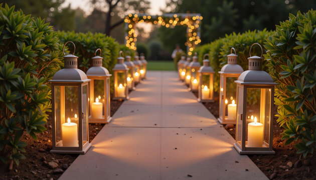 Decorative lanterns illuminate wedding path, romantic evening ceremony