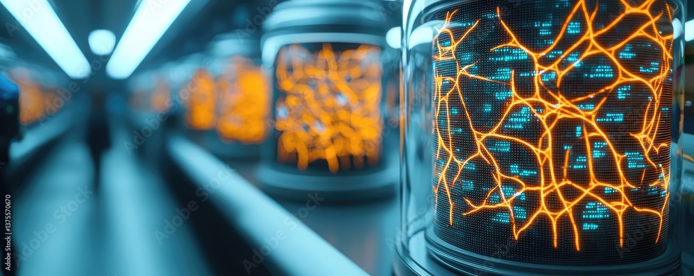 Aufkleber Cyberpunk biotech with sci-fi high-tech plants concept. Futuristic lab featuring glowing neural networks in jars.
