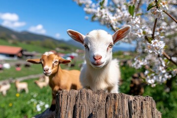 Obraz premium Two lively baby goats playing joyfully in a bright sunny field, surrounded by blooming flowers, perfectly capturing the essence of innocence and life in a pastoral setting.