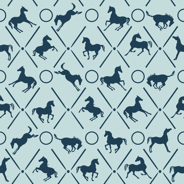 Equestrian art rhombus seamless pattern with horse silhouette. Elegant noble background horse motif. Geometric gird vector poses ornament texture. England luxury classic vintage retro hand drawn style