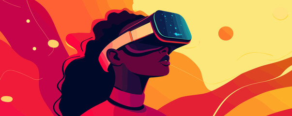 Woman experiencing virtual reality with headset in vibrant abstract background - vector.