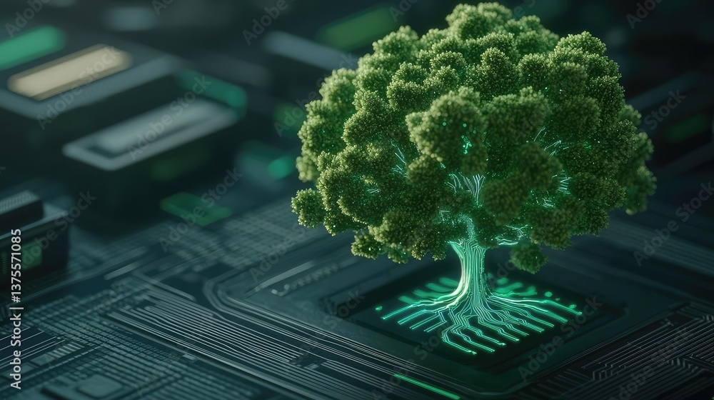 Aufkleber Cyberpunk biotech with digital plants innovation concept. A tree growing from a computer circuit, symbolizing nature and tech.