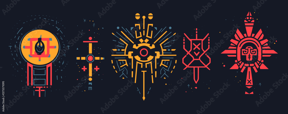 Poster geometric abstract art with tribal symbols and colorful patterns on dark background - vector.