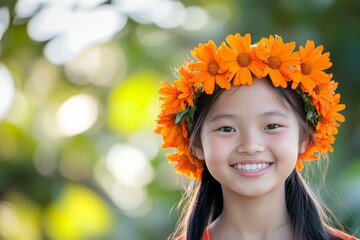 Sunny daylight. Happy holiday season symbol. Happy asian teenager girl wearing orange flower circlet on her head. Child with natureâ€™s beauty. Summer joy for kids. Floral wreath on a girlâ€™s hea.