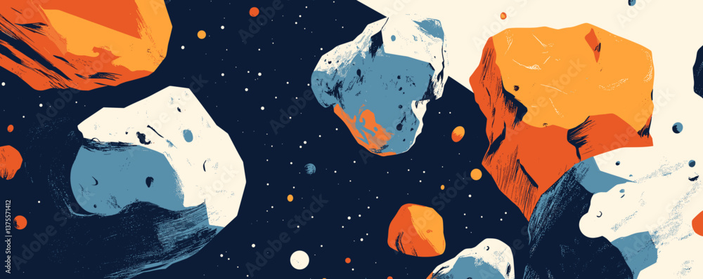 Poster colorful asteroids and space debris in deep space dark background - vector.