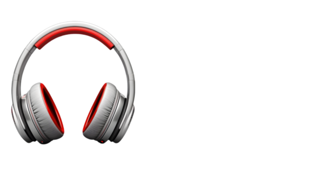 A close up of white and red headphones on a black background in a studio setting display