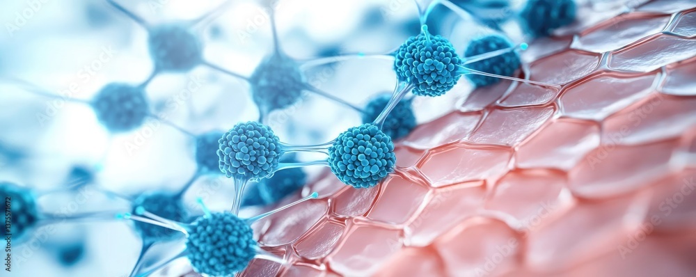 Poster Blue exosome particles in biotechnology and medical concept. Close-up view of molecules forming intricate patterns and structures.