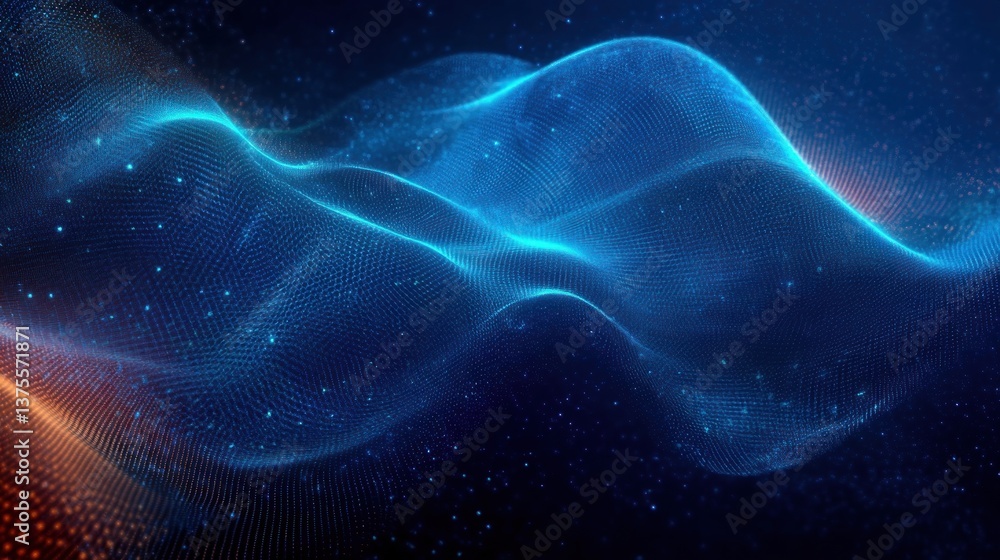 Poster abstract technology background with blue neon waveforms and digital particle effects
