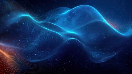 Abstract Technology Background with Blue Neon Waveforms and Digital Particle Effects