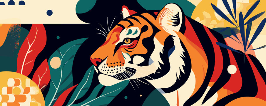 Colorful abstract tiger in a jungle setting with geometric leaves - vector.