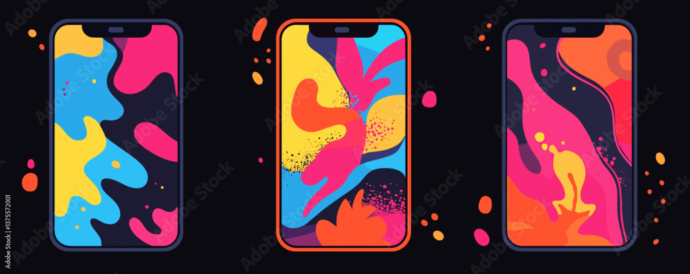 Aufkleber colorful abstract smartphone displays with vibrant fluid shapes and patterns on black background – v