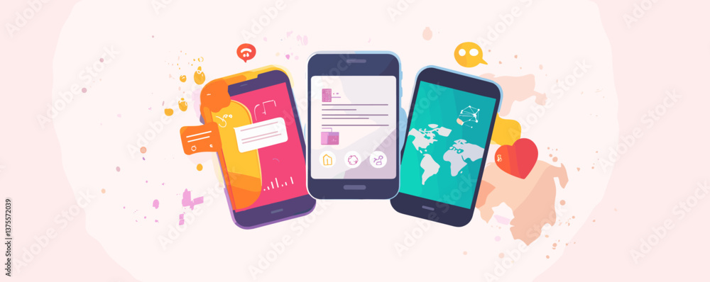 Poster colorful smartphone interfaces with social media icons and world maps – vector.