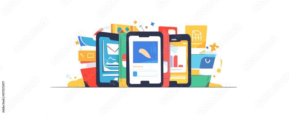Aufkleber mobile apps and digital media concepts with tablets and icons vector.