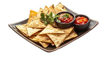 A plate of tortilla chips with two bowls of salsa and cilantro garnish on a black background