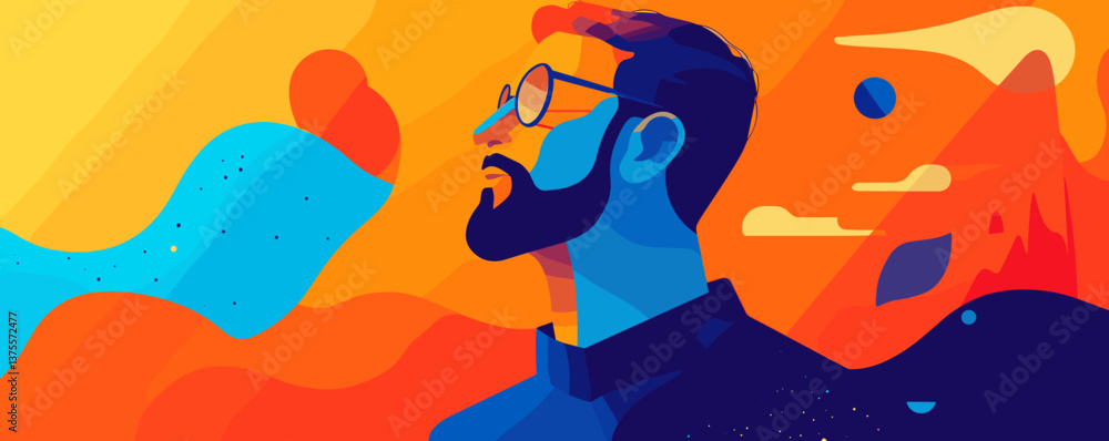 Poster abstract portrait of a bearded man in vibrant colors with geometric elements vector.