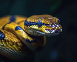 Fototapeta premium Banana Ball Python on Dark Background. Captive Snake with Cold-blooded Reptile in Natural Wildlife Habitat