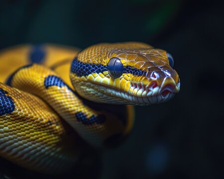 Banana Ball Python on Dark Background. Captive Snake with Cold-blooded Reptile in Natural Wildlife Habitat