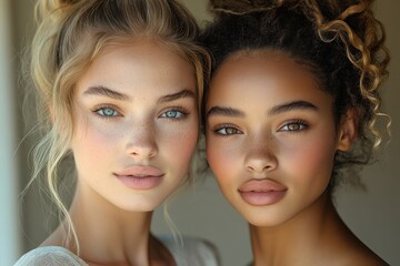 Obraz premium Two Women Smiling Together in Joyful Friendship Close-Up Portrait