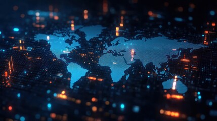 Futuristic World Map Digital Visualization with Financial Graphs and Cryptocurrency Indicators