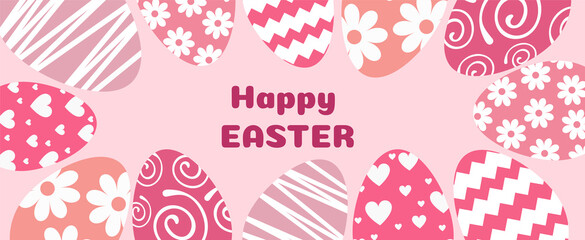 Easter colored horizontal background, chicken eggs with graphic pattern of flowers, rabbit. vector illustration for the Happy Easter holiday. Spring background for decoration.