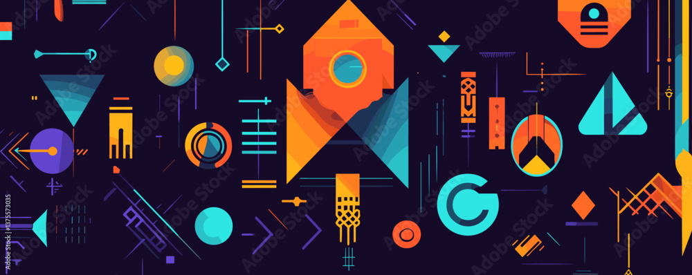 Poster futuristic abstract geometric design with rocket and shapes on dark background - vector.