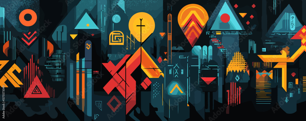 Poster abstract geometric cityscape with vibrant shapes and patterns in futuristic style - vector.