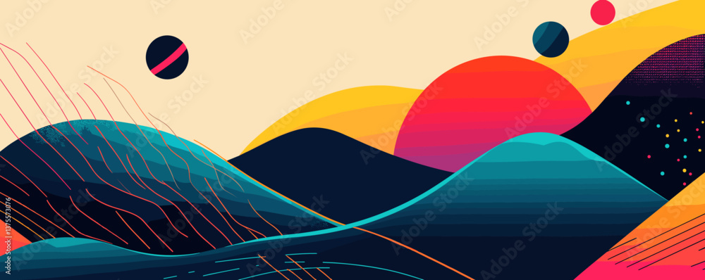 Poster abstract landscape with colorful waves and circles in modern style vector.